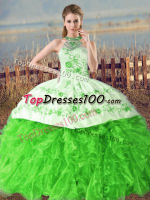 Organza Halter Top Sleeveless Court Train Lace Up Embroidery and Ruffles Sweet 16 Quinceanera Dress in