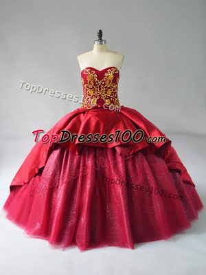 Wine Red Sweetheart Lace Up Beading and Embroidery Quinceanera Gown Court Train Sleeveless