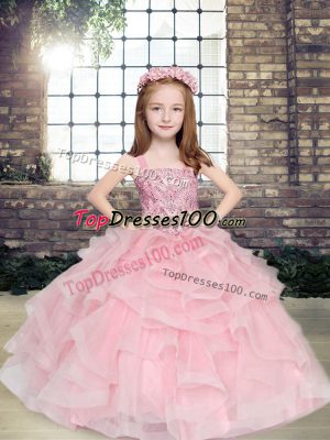 Excellent Pink Tulle Lace Up Little Girls Pageant Dress Sleeveless Floor Length Beading and Ruffles