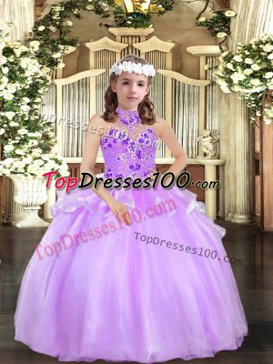 Floor Length Lavender Pageant Dress Womens Organza Sleeveless Appliques