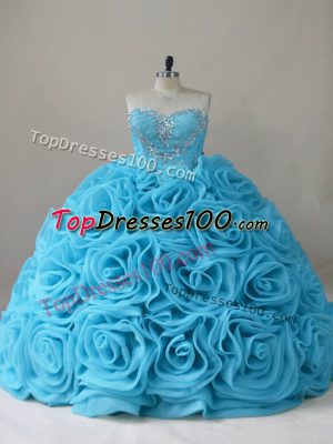 Sweetheart Sleeveless Brush Train Side Zipper Sweet 16 Quinceanera Dress Baby Blue Fabric With Rolling Flowers