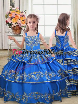 Excellent Satin Sleeveless Floor Length Kids Formal Wear and Embroidery and Ruffled Layers