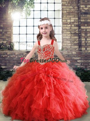 Red Tulle Lace Up Child Pageant Dress Sleeveless Floor Length Beading and Ruffles