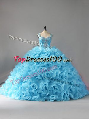 Clearance Ball Gowns Sleeveless Baby Blue Quinceanera Dress Court Train Zipper