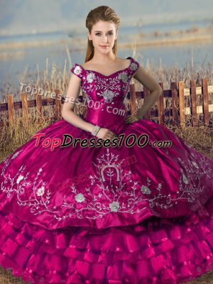 Classical Off The Shoulder Sleeveless Quinceanera Dress Floor Length Embroidery and Ruffled Layers Fuchsia Satin and Organza