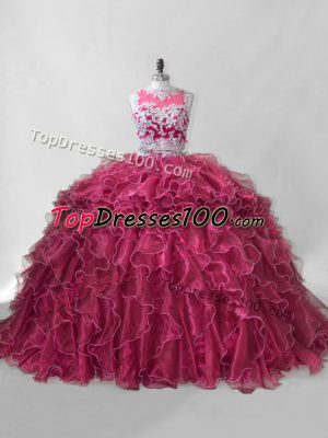 Fancy Beading and Ruffles Sweet 16 Quinceanera Dress Hot Pink Zipper Sleeveless Brush Train