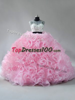 Scoop Sleeveless Fabric With Rolling Flowers Sweet 16 Dress Beading and Ruffles Brush Train Zipper