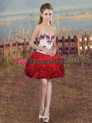 Red Organza Lace Up Sweetheart Sleeveless Mini Length Hoco Dress Embroidery and Ruffles