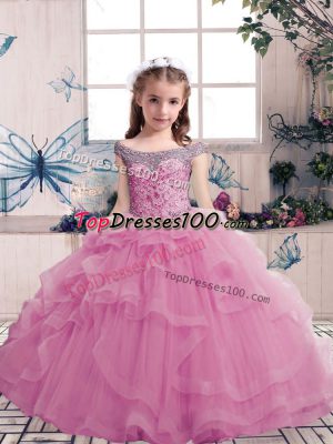 Lilac Ball Gowns Tulle Scoop Sleeveless Beading Floor Length Lace Up Pageant Dresses