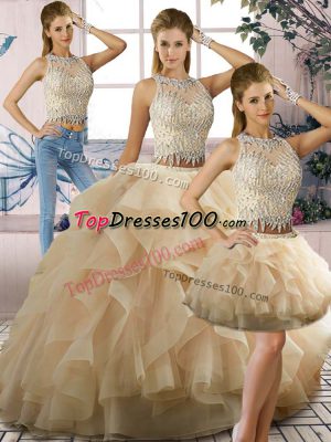 Champagne Two Pieces Scoop Sleeveless Tulle Floor Length Zipper Beading and Ruffles Quinceanera Dresses