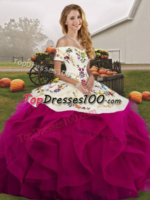 Fuchsia Off The Shoulder Lace Up Embroidery and Ruffles Sweet 16 Dresses Sleeveless