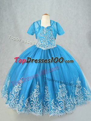Baby Blue Tulle Lace Up Little Girls Pageant Dress Sleeveless Floor Length Beading and Embroidery