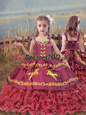 Fancy Wine Red Sleeveless Floor Length Beading and Embroidery and Ruffled Layers Lace Up Little Girls Pageant Dress Wholesale