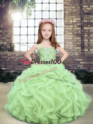 Sleeveless Tulle Floor Length Lace Up Little Girl Pageant Dress in Yellow Green with Beading and Ruffles