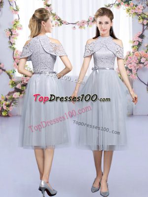 Stunning Grey Empire Tulle High-neck Sleeveless Lace and Belt Tea Length Zipper Wedding Guest Dresses