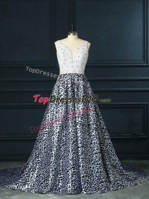 V-neck Sleeveless Printed Prom Dress Beading Brush Train Backless