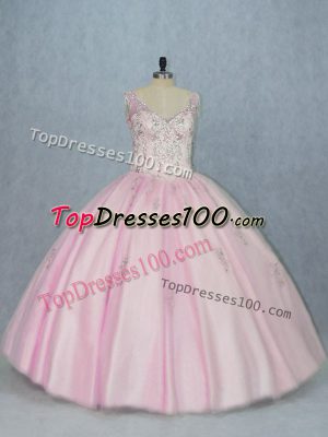 Free and Easy Beading and Appliques Quince Ball Gowns Baby Pink Backless Sleeveless Floor Length