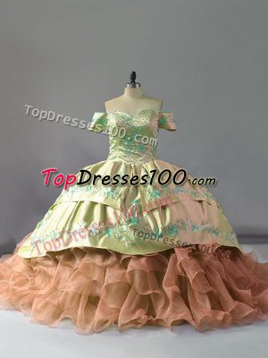 Off The Shoulder Sleeveless Organza Quinceanera Dress Embroidery and Ruffles Chapel Train Lace Up
