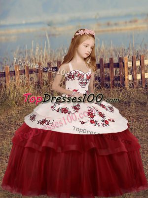 Gorgeous Red Ball Gowns Straps Sleeveless Tulle Floor Length Lace Up Embroidery Child Pageant Dress