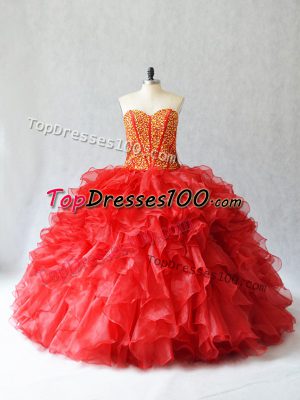 Captivating Red Sweetheart Lace Up Beading and Ruffles Quinceanera Dresses Sleeveless