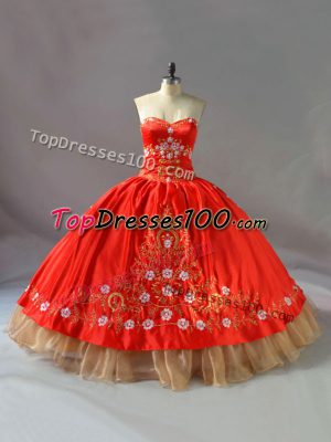 Embroidery Quinceanera Gown Red Lace Up Sleeveless Floor Length