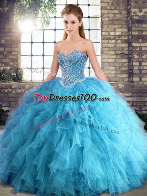 Sweetheart Sleeveless 15 Quinceanera Dress Floor Length Beading and Ruffles Aqua Blue Tulle