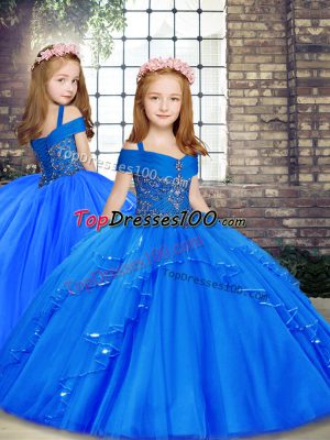 Straps Sleeveless Child Pageant Dress Floor Length Beading Blue Tulle