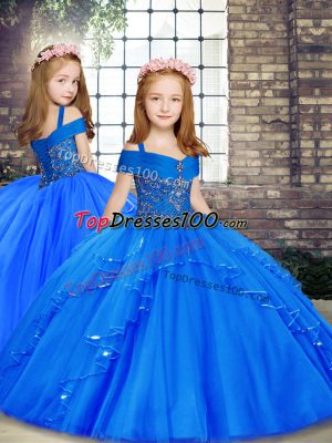 Straps Sleeveless Child Pageant Dress Floor Length Beading Blue Tulle