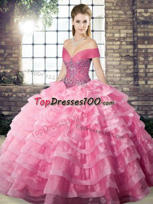Organza Off The Shoulder Sleeveless Brush Train Lace Up Beading and Ruffled Layers Quinceanera Dresses in Rose Pink