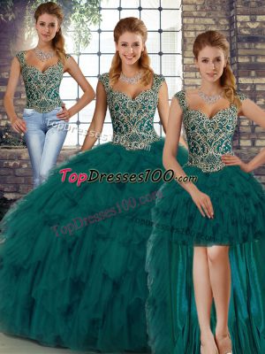 Affordable Peacock Green Three Pieces Organza Straps Sleeveless Beading and Ruffles Floor Length Lace Up Sweet 16 Dresses
