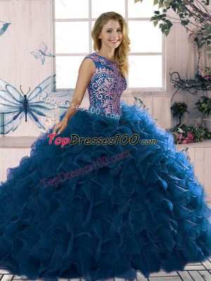 High Quality Scoop Sleeveless Sweet 16 Quinceanera Dress Floor Length Beading and Ruffles Royal Blue Organza