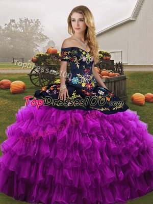 Customized Black And Purple Sleeveless Floor Length Embroidery and Ruffled Layers Lace Up Sweet 16 Dress