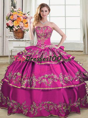 High End Fuchsia Satin and Organza Lace Up 15 Quinceanera Dress Sleeveless Floor Length Embroidery and Ruffled Layers
