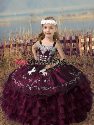 Organza Straps Sleeveless Lace Up Embroidery and Ruffled Layers Little Girls Pageant Dress in Burgundy