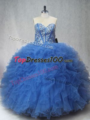 Sweetheart Sleeveless Quince Ball Gowns Floor Length Beading and Ruffles Blue Tulle