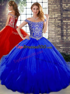 Glamorous Sleeveless Tulle Floor Length Lace Up Vestidos de Quinceanera in Royal Blue with Beading and Ruffles