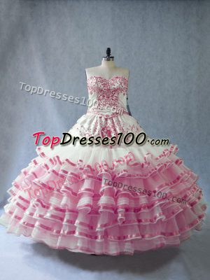 Pink And White Sweetheart Neckline Embroidery and Ruffled Layers and Bowknot Quinceanera Dresses Sleeveless Lace Up