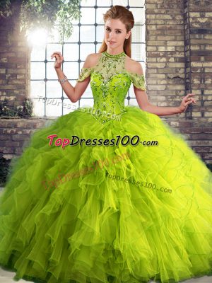 Sleeveless Tulle Floor Length Lace Up 15th Birthday Dress in Olive Green with Beading and Ruffles