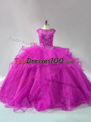 Scoop Long Sleeves Organza Quinceanera Dress Beading and Ruffles Brush Train Lace Up