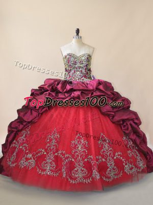Sleeveless Taffeta and Tulle Brush Train Lace Up Quinceanera Dress in Fuchsia with Beading and Pick Ups
