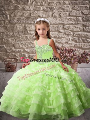 Lace Up Straps Beading and Ruffled Layers Glitz Pageant Dress Organza Sleeveless Brush Train