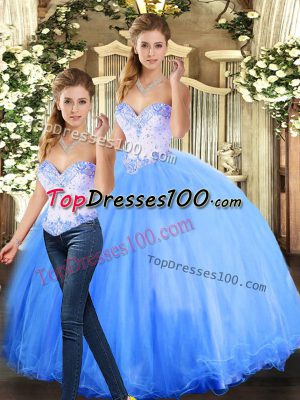 Blue Lace Up Sweetheart Beading 15 Quinceanera Dress Tulle Sleeveless