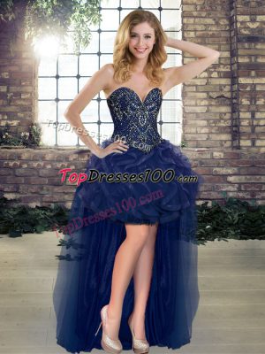 Custom Designed High Low Navy Blue Custom Made Pageant Dress Tulle Sleeveless Beading and Ruffles