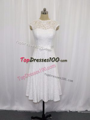 Romantic Sleeveless Lace Tea Length Lace Up Wedding Dresses in White with Lace and Belt