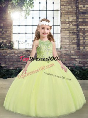 Sleeveless Tulle Floor Length Lace Up Pageant Dress Toddler in Light Yellow with Beading