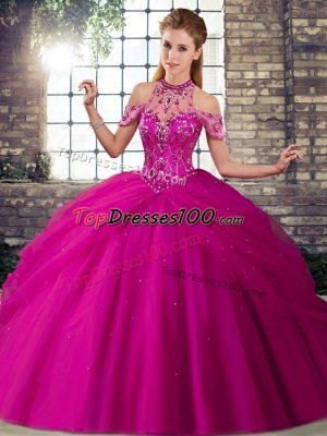Graceful Fuchsia Tulle Lace Up Halter Top Sleeveless 15th Birthday Dress Brush Train Beading and Pick Ups