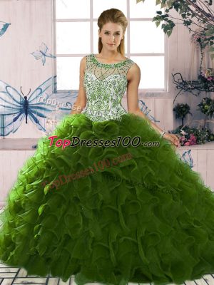 Scoop Sleeveless Lace Up Ball Gown Prom Dress Green Organza