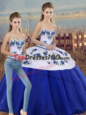 Dazzling Royal Blue Two Pieces Embroidery and Bowknot 15 Quinceanera Dress Lace Up Tulle Sleeveless Floor Length