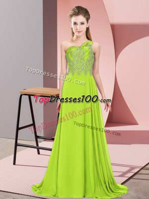 Fabulous Yellow Green Empire One Shoulder Sleeveless Chiffon Floor Length Side Zipper Beading Prom Gown