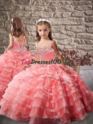 Lace Up Kids Pageant Dress Watermelon Red for Prom and Sweet 16 and Wedding Party with Beading and Ruffled Layers Brush Train